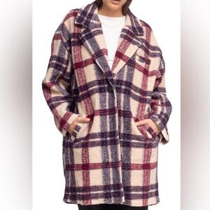 BlankNYC Go Ahead Teddy Red Cream Plaid Oversized Wool Blend Sz L Long Coat i